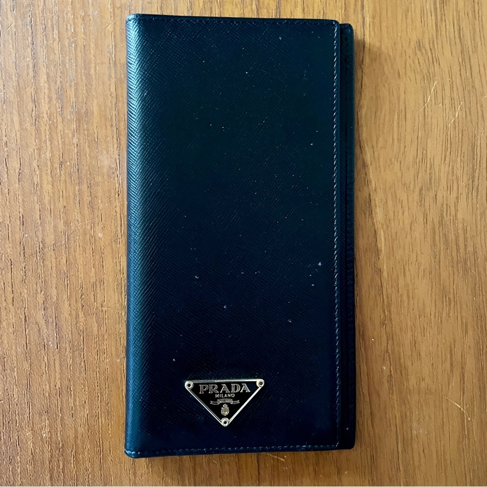 Vintage Prada Saffiano Leather Bi-Fold Wallet Checkbook Cover - Black - Like New